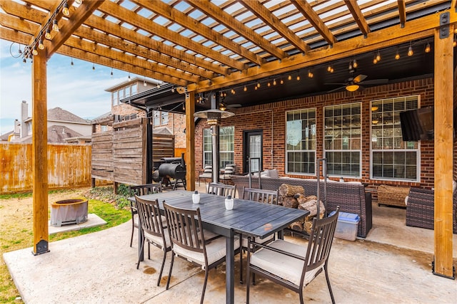 view of patio / terrace featuring a grill, a pergola, and ceiling fan