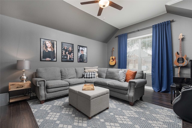 living room featuring dark hardwood / wood-style flooring, vaulted ceiling, and ceiling fan