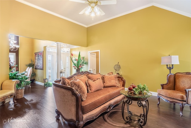 living room featuring ornate columns, high vaulted ceiling, wood-type flooring, ornamental molding, and ceiling fan