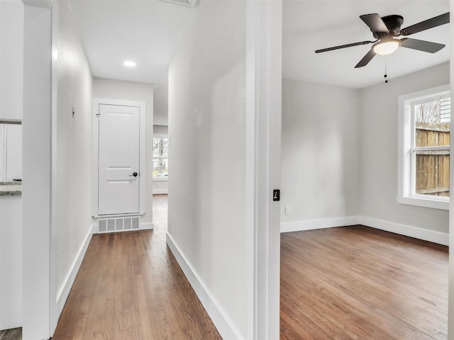 hallway with light wood-type flooring and a wealth of natural light