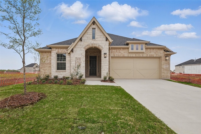 16109 Garden Dr, Celina, TX 75009 - french country inspired facade featuring a shingled roof, driveway, a garage, and a front lawn