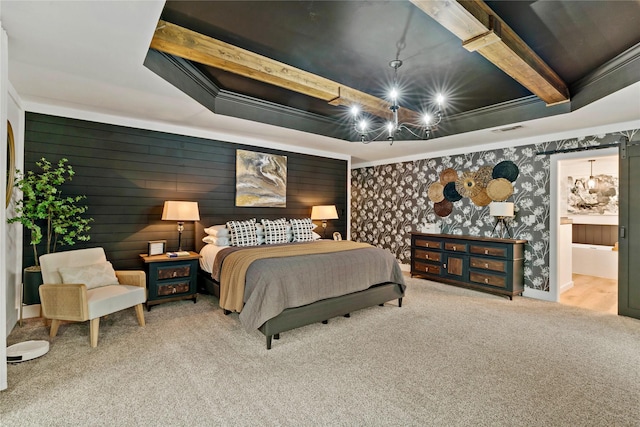 bedroom with a raised ceiling, carpet floors, connected bathroom, and beam ceiling