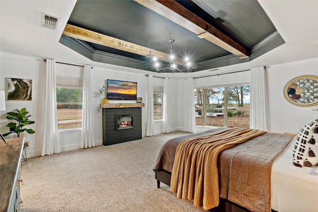 bedroom with an inviting chandelier, a lit fireplace, beamed ceiling, carpet, and visible vents