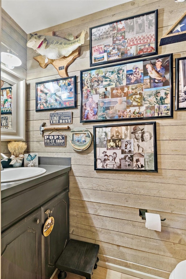 bathroom with wooden walls and vanity