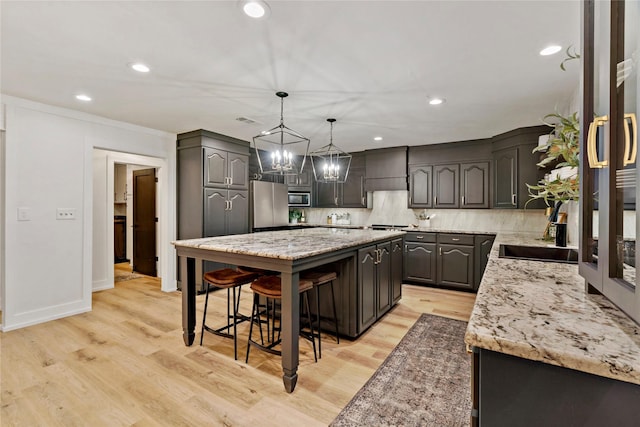 kitchen featuring light wood finished floors, a center island, a breakfast bar, stainless steel appliances, and a sink