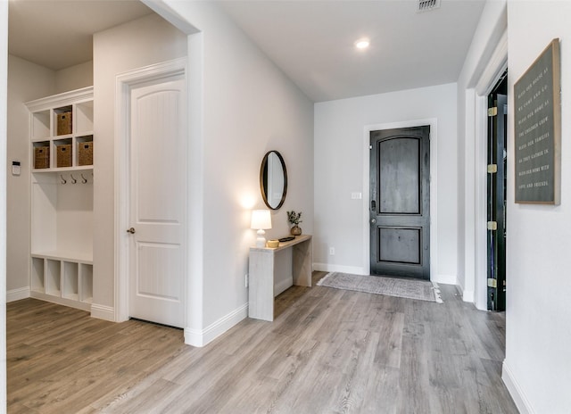 foyer entrance with light wood-type flooring