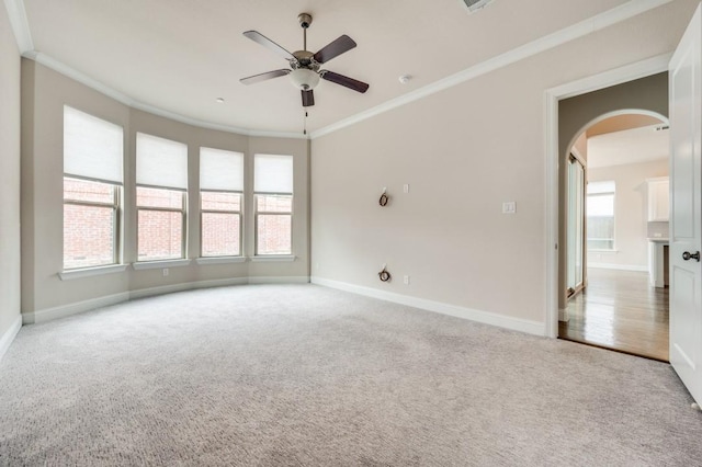 carpeted empty room featuring ornamental molding and ceiling fan