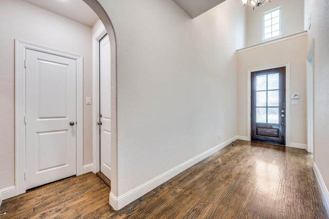 entrance foyer with a high ceiling, a healthy amount of sunlight, a notable chandelier, and dark hardwood / wood-style floors