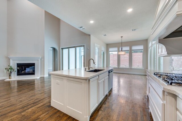 kitchen featuring sink, appliances with stainless steel finishes, an island with sink, pendant lighting, and white cabinets