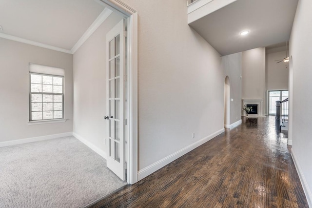 interior space with ornamental molding and dark hardwood / wood-style floors