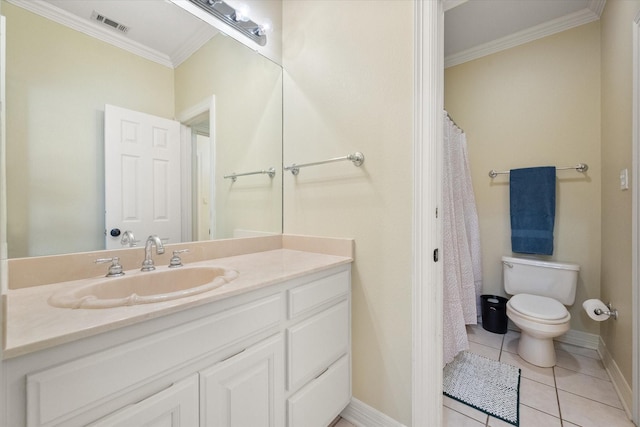 bathroom featuring ornamental molding, toilet, tile patterned flooring, and vanity