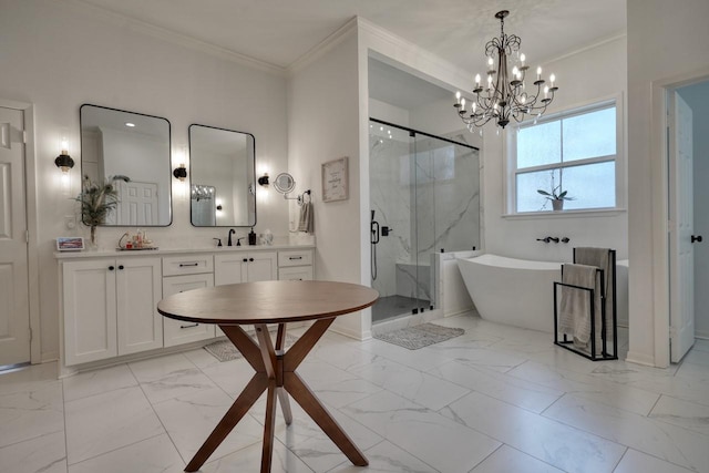 bathroom featuring vanity, ornamental molding, and plus walk in shower