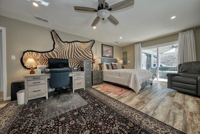 bedroom with ceiling fan, access to exterior, and light wood-type flooring