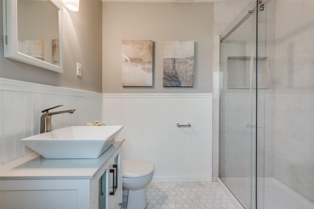 bathroom featuring vanity, toilet, and a shower with door