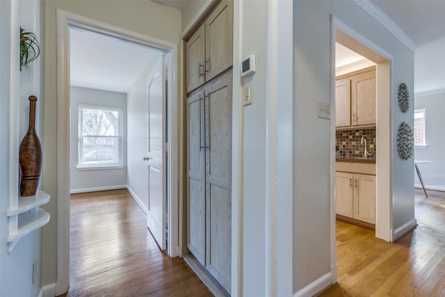 hall featuring crown molding, sink, and light wood-type flooring