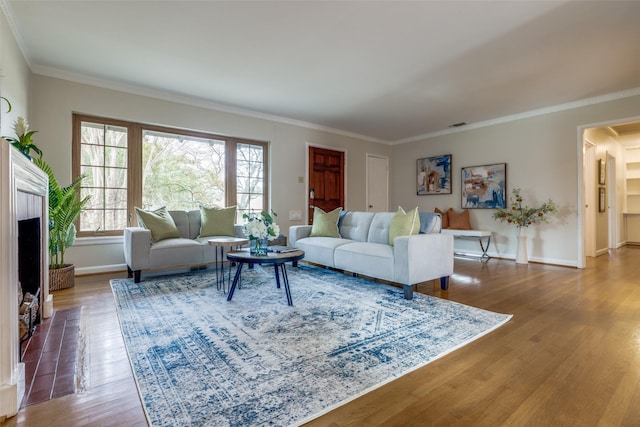 living room with crown molding and wood-type flooring