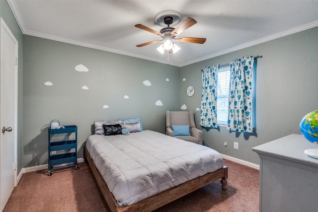 carpeted bedroom featuring crown molding and ceiling fan