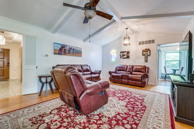 living room featuring crown molding, vaulted ceiling with beams, ceiling fan, and light hardwood / wood-style floors