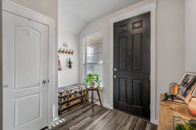 foyer featuring lofted ceiling and hardwood / wood-style floors