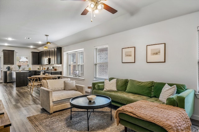 living room featuring wood-type flooring, lofted ceiling, and ceiling fan