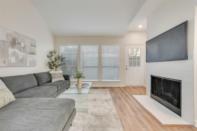 living room with vaulted ceiling and light wood-type flooring