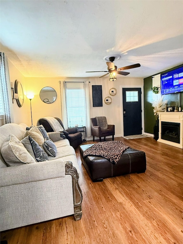 living room featuring hardwood / wood-style floors, a healthy amount of sunlight, and ceiling fan