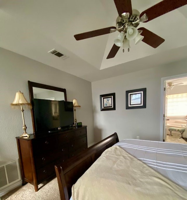 bedroom with light colored carpet and ceiling fan