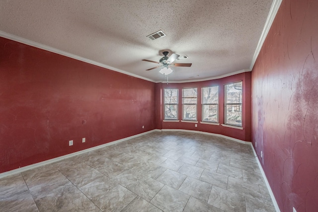 empty room with ornamental molding, a textured ceiling, and ceiling fan