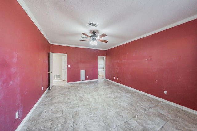 unfurnished bedroom featuring ceiling fan, crown molding, and a textured ceiling