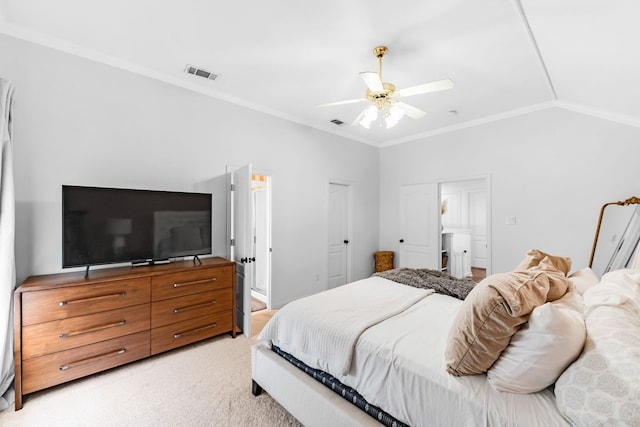 bedroom with ceiling fan, ornamental molding, vaulted ceiling, and light carpet