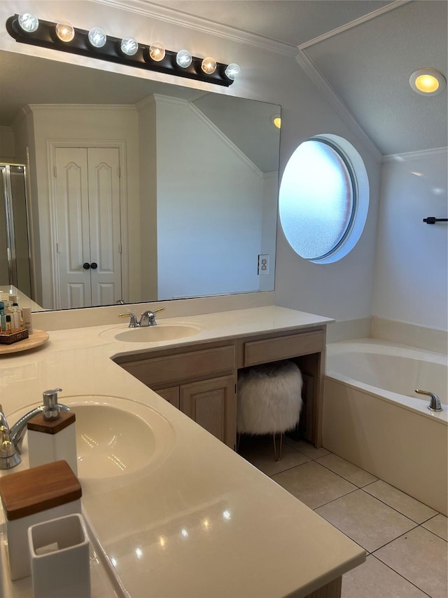 bathroom with ornamental molding, vanity, tile patterned flooring, and lofted ceiling