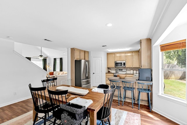 dining area with ceiling fan and light hardwood / wood-style floors