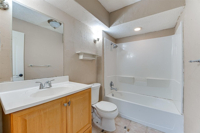 full bathroom with tub / shower combination, vanity, a textured ceiling, tile patterned floors, and toilet