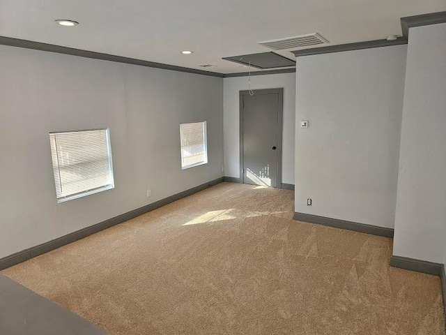 carpeted spare room featuring a healthy amount of sunlight and ornamental molding