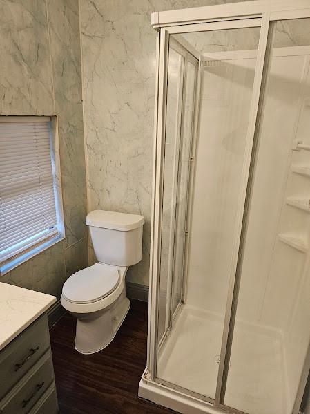 bathroom featuring vanity, toilet, a shower with shower door, and wood-type flooring