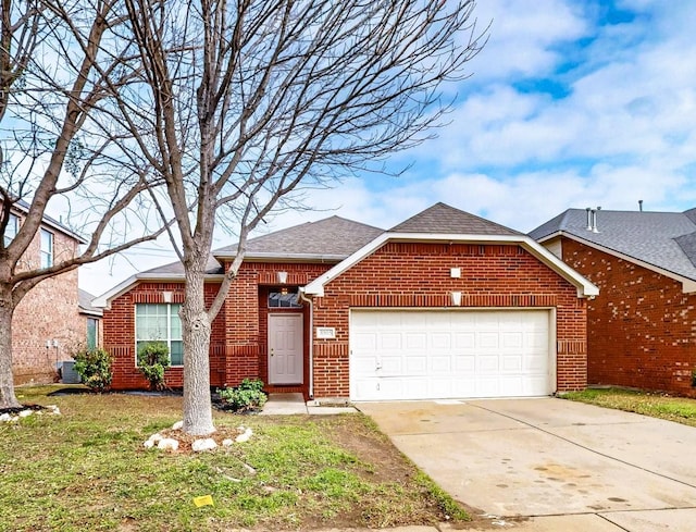 single story home with central AC unit, a garage, and a front yard