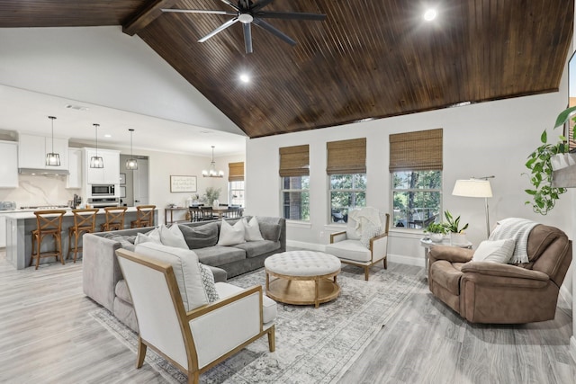 living room with wood ceiling, high vaulted ceiling, a healthy amount of sunlight, and light wood-type flooring