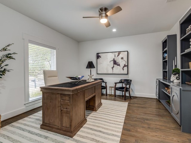 office featuring ceiling fan and dark hardwood / wood-style flooring