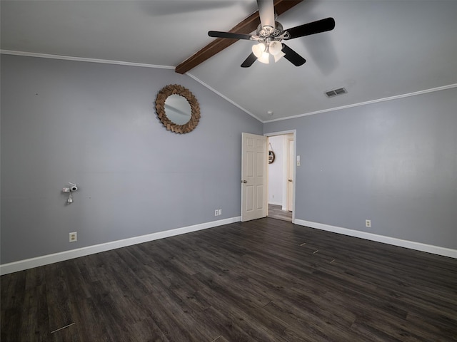 unfurnished room featuring crown molding, vaulted ceiling with beams, dark wood-type flooring, and ceiling fan