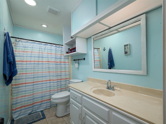 bathroom with vanity, curtained shower, tile patterned floors, and toilet