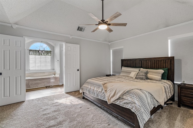 bedroom featuring ornamental molding, carpet flooring, ceiling fan, and a textured ceiling