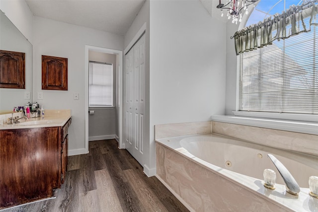 bathroom with vanity, hardwood / wood-style flooring, a wealth of natural light, and a tub