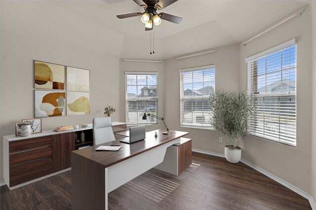 office area with a raised ceiling, dark hardwood / wood-style floors, and ceiling fan