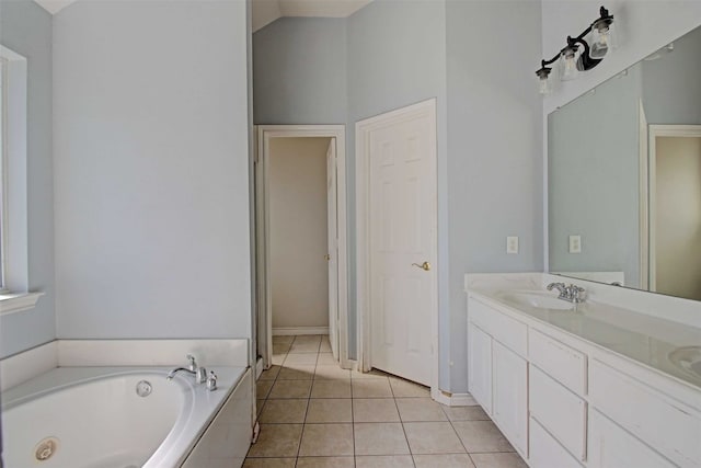 bathroom featuring tile patterned flooring, vanity, a relaxing tiled tub, and lofted ceiling