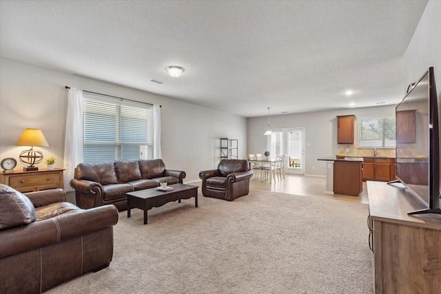 carpeted living room featuring sink