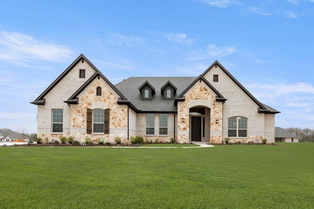 french country style house with a front lawn and a shingled roof