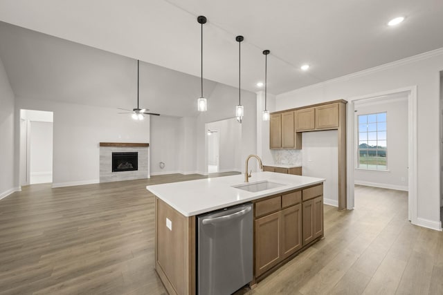 kitchen featuring a fireplace, a sink, light wood-style flooring, and stainless steel dishwasher