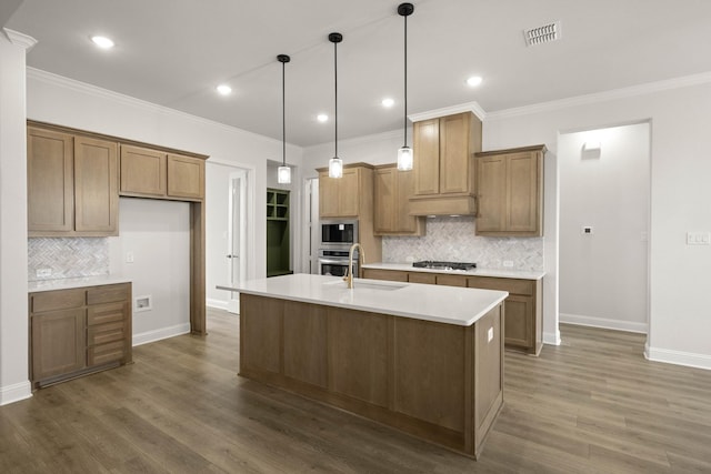 kitchen with stainless steel appliances, a sink, an island with sink, and dark wood-style floors