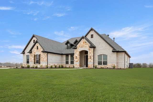 french country home with central air condition unit, a front lawn, and roof with shingles