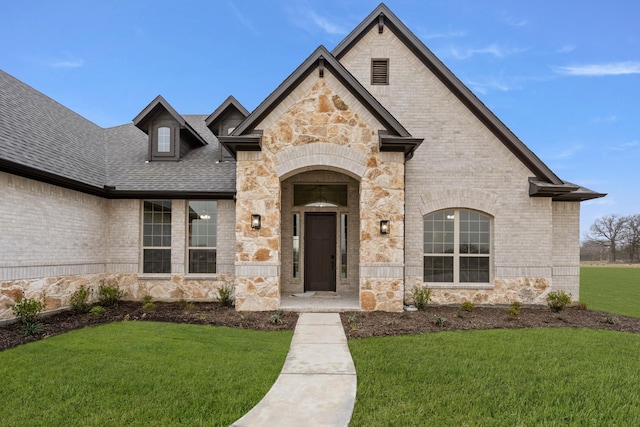 french country home featuring stone siding, brick siding, a front lawn, and a shingled roof